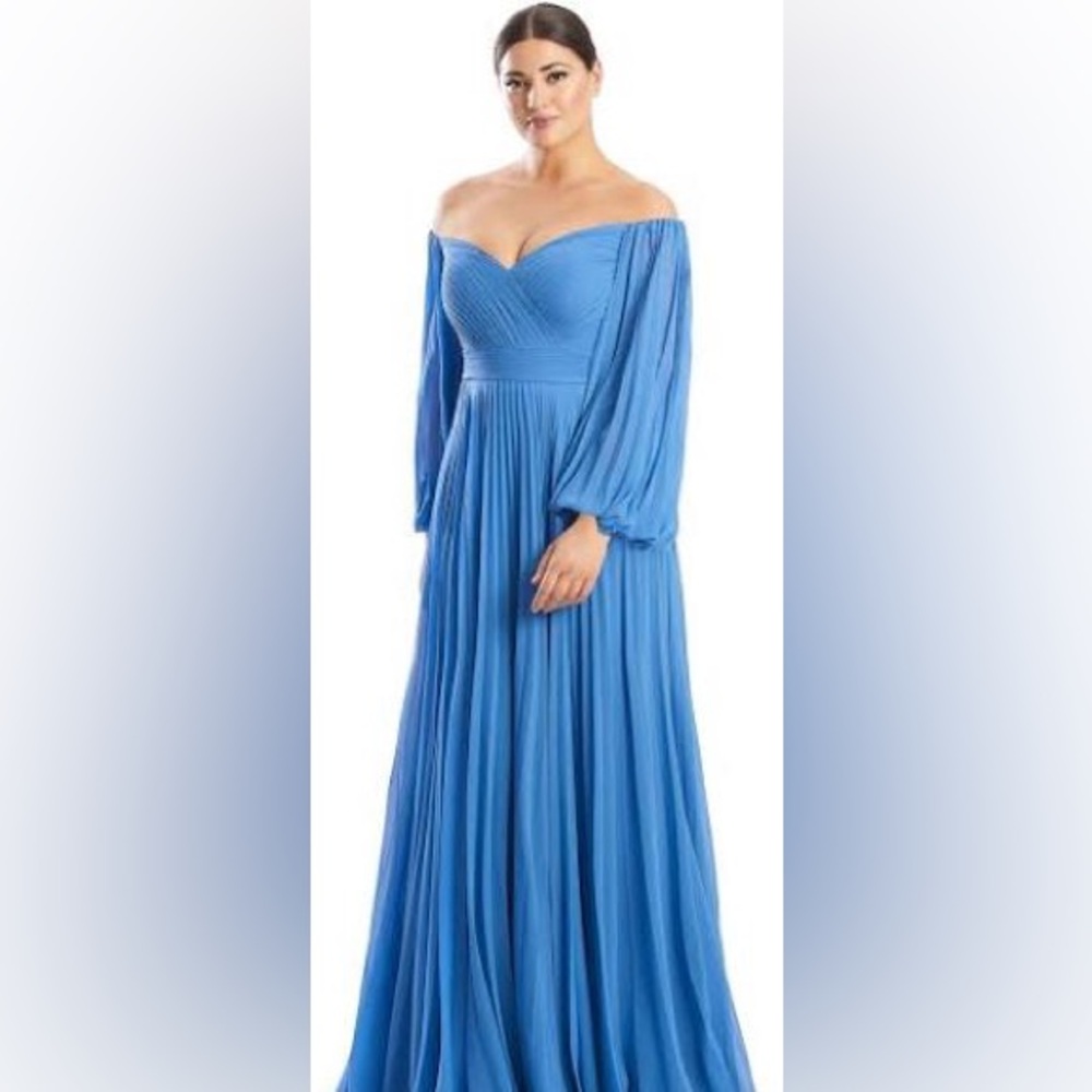 Alexander By Daymor NEW Blue Pleated Bishop Sleeve Maxi Gown Dress Size 6 #1792